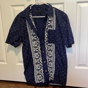 French Connection Blue and White Short Sleeve Button up